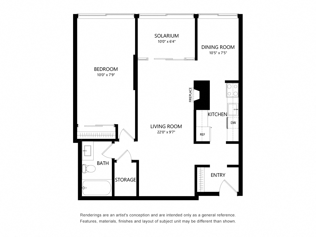 Floor plan for 1 bed, 1 bath, 867 sqft
